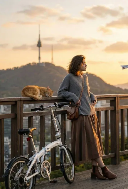 A cinematic golden-hour photograph of a young woman standing on a wooden viewpoint balcony overlooking a city, leaning c