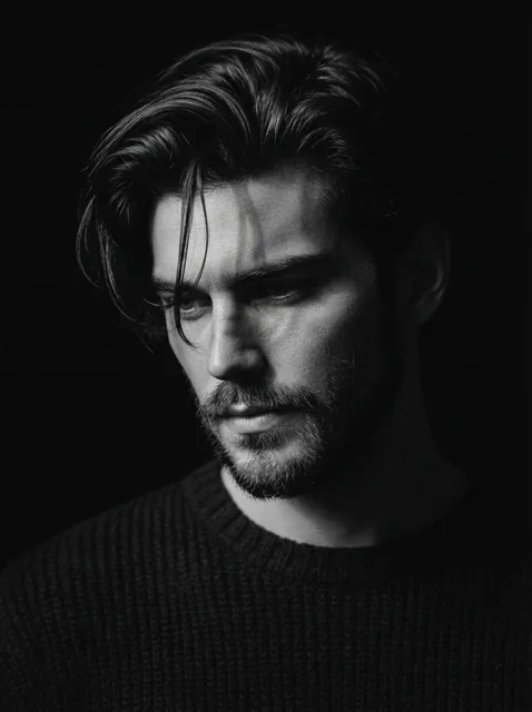 Close-up black and white portrait of a man use image face reference with messy hair and a rough beard, staring downward