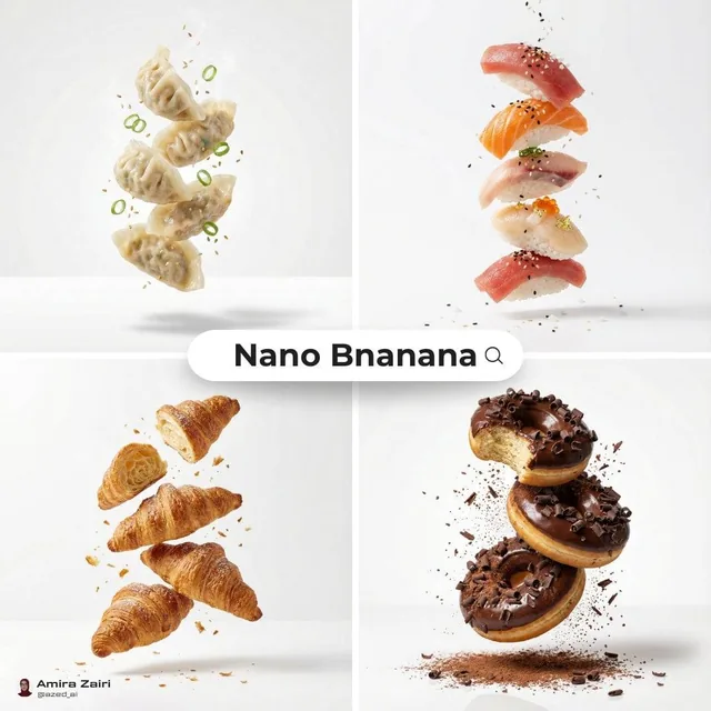 [subject], premium food advertising, white seamless background, high key studio lighting, floating stacked composition,
