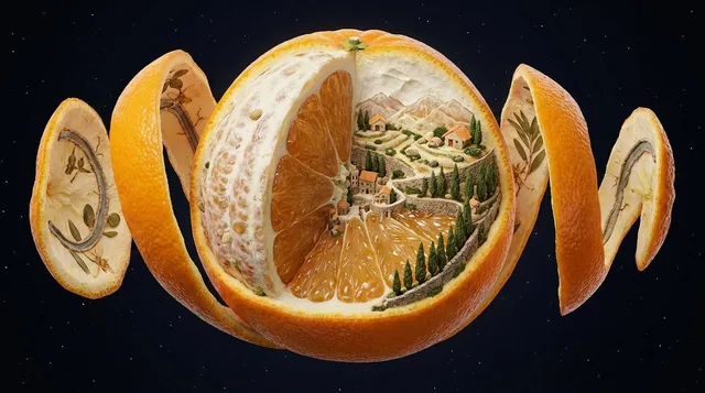 A single [OBJECT] suspended in space, frozen mid-peel as its outer skin curls away in ribbons. Beneath the surface exist