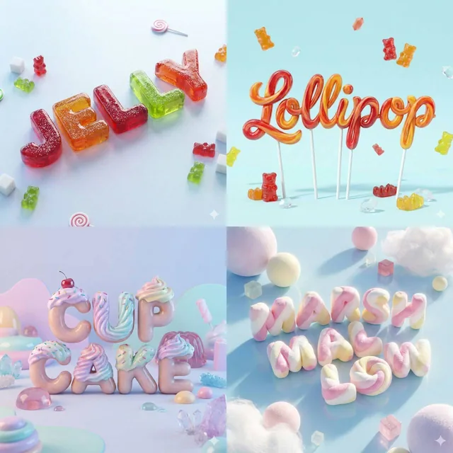 A smooth, ultra-realistic 3D render of the word [YOUR WORD] shaped like a delicious candy — style adapts based on word —
