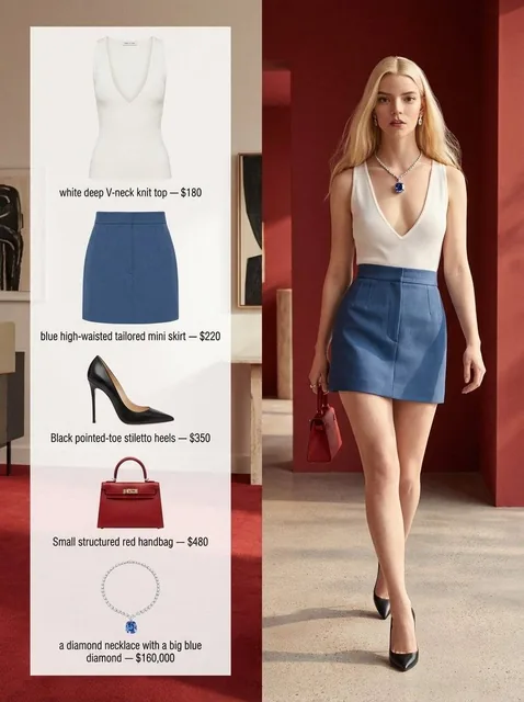 A split image: the right side features a fashionable woman in a modern architectural space wearing a V-neck top, mini skirt, and stiletto heels; the left side displays these items