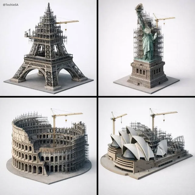 Depict [LANDMARK] frozen in an eternal state of construction. Camera & Angle (LOCKED): 45° elevated isometric view, came