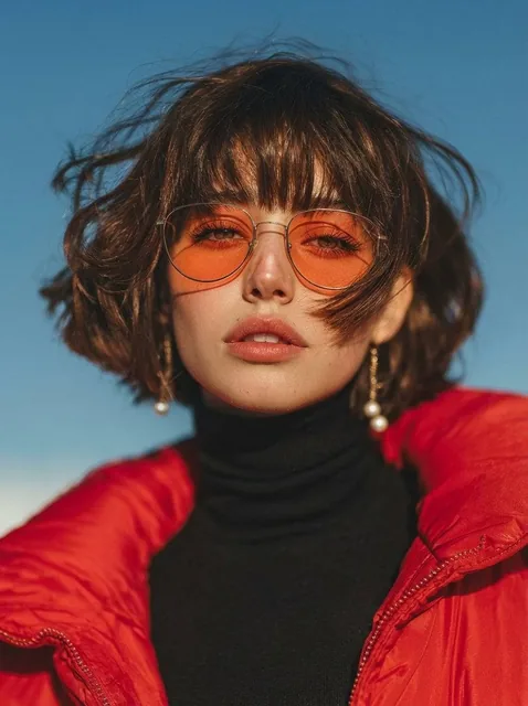 A cinematic fashion portrait of a young woman with a short wavy bob haircut and wispy bangs, wearing round orange-tinted