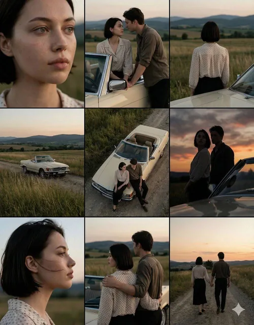 A cinematic 3×3 grid of film-still frames featuring the same couple during a quiet countryside road stop at dusk. A youn