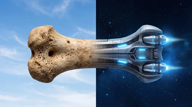 A photorealistic image, split down the middle. On the left side, a small, detailed bone that touches the center divider,
