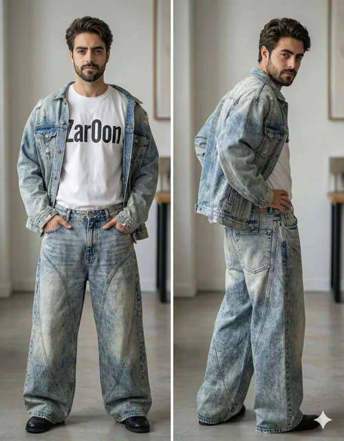 Beard. Makeup is minimal and natural, emphasizing clear skin and subtle lip color. The outfit is contemporary high-fashi