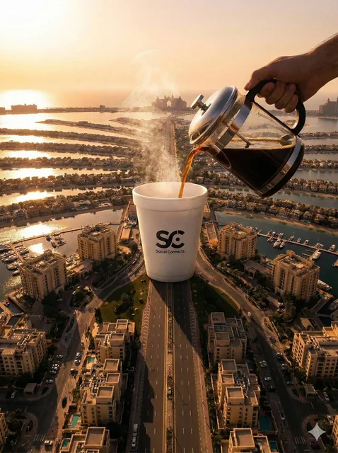 An aerial photograph captures a surreal scene where a giant white foam cup, branded with the 'SC Social Connects' logo f