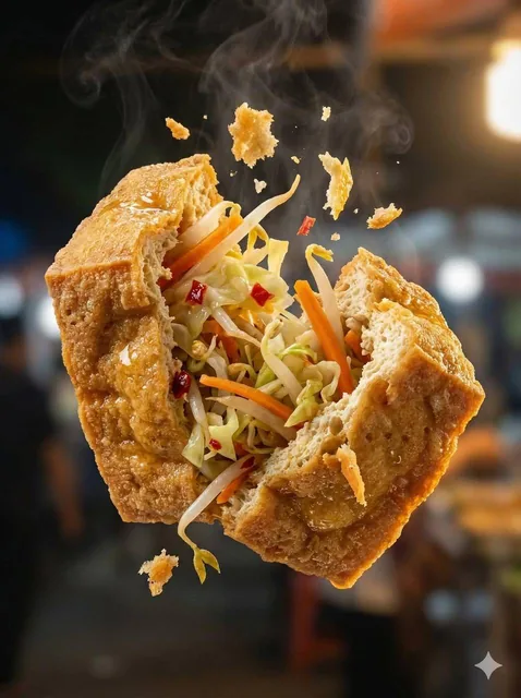 "Macro food photography of a crispy martabak telur tearing open mid-air, thin golden wrapper shattering with a crack, ho