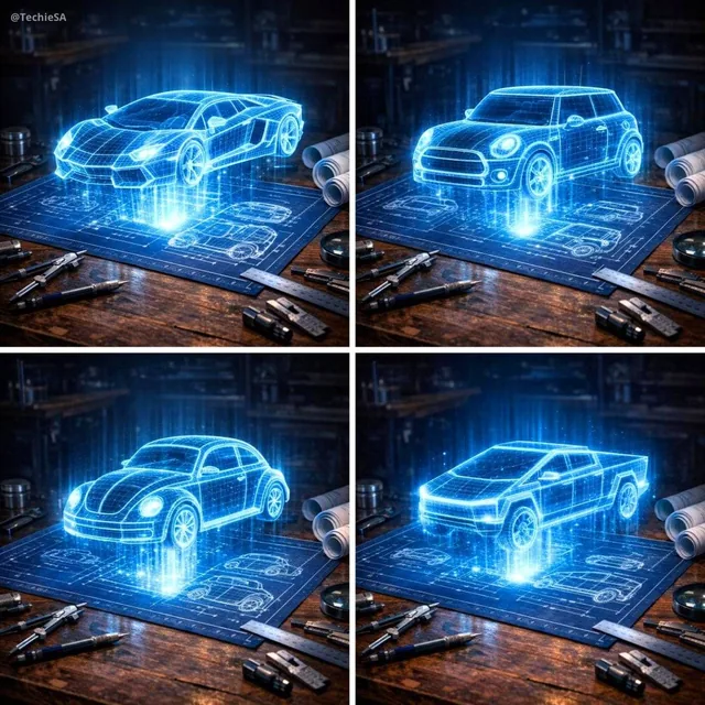 Create a hyper-realistic 3D holographic blueprint projection of a [CAR NAME] emerging as a luminous cyan/blue wireframe
