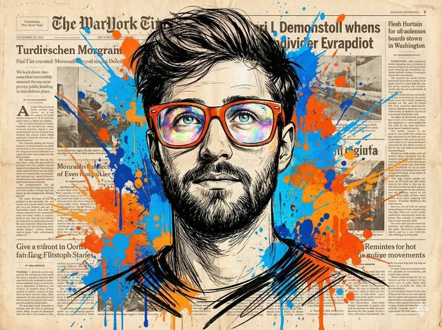 Vibrant expressive portrait of a man looking upwards with wonder, wearing oversized bright orange-red glasses (glass lig