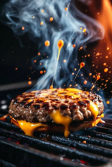 A hyper-realistic, cinematic close-up of a sizzling gourmet cheeseburger. The thick, juicy beef patty features a heavy,