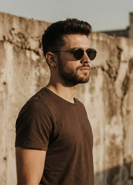 A cinematic portrait of a handsome man with a short styled haircut and trimmed beard, wearing a plain brown t-shirt and