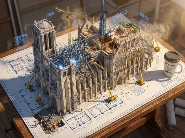 Epic 3D scene: a massive architectural blueprint of [BUILDING/STRUCTURE] pinned to a drafting table, its ink lines risin