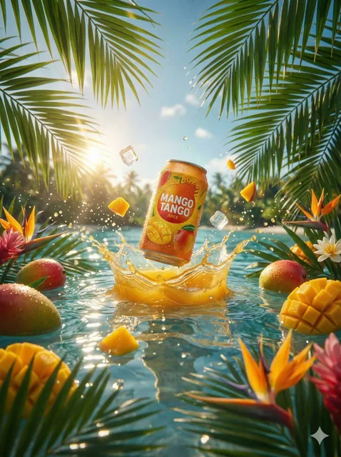 A hyper-realistic commercial product photography shot of a condensation-covered beverage can labeled "MANGO TANGO JUICE"