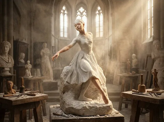 A half-finished marble sculpture in a dusty Renaissance workshop, with the [SUBJECT] emerging from the raw stone block i
