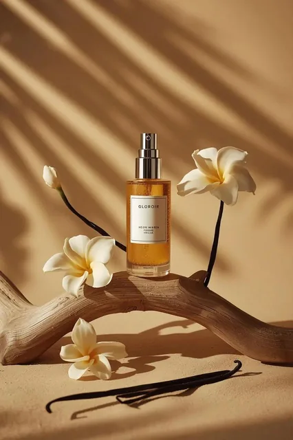 - Ultra-cinematic luxury skincare product photography of a translucent amber serum pump bottle standing upright at the c