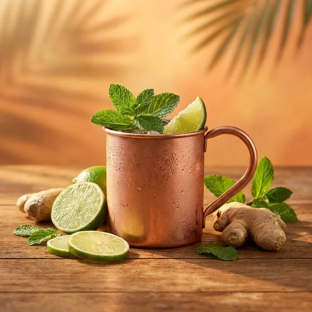 A high-end studio photograph of a [YOUR COCKTAIL], shot from a high-angle slightly top-down perspective. The drink is se