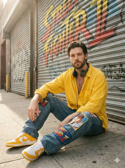 Sunlit urban streetwear portrait of a stylish young man sitting casually on a concrete sidewalk in front of a closed met