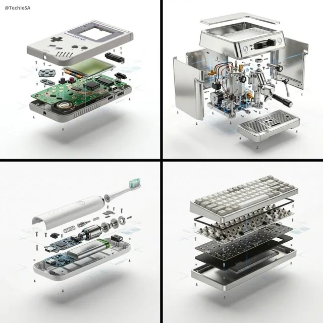 [PRODUCT], high-end product advertising, white seamless background, exploded view with inner mechanics revealed, outer s