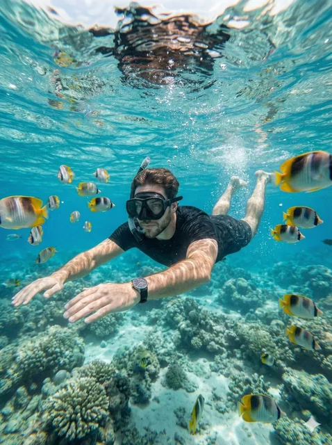 Create a hyper-realistic underwater close-range portrait captured with a wide-angle action camera in a waterproof housin