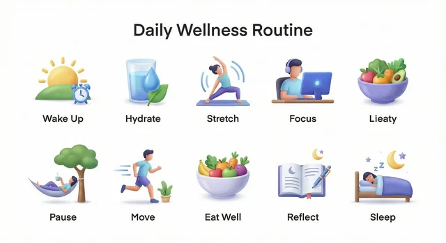 Create a collection of icons representing [ROUTINE / PROCESS / HABITS], with each icon depicting one specific routine st