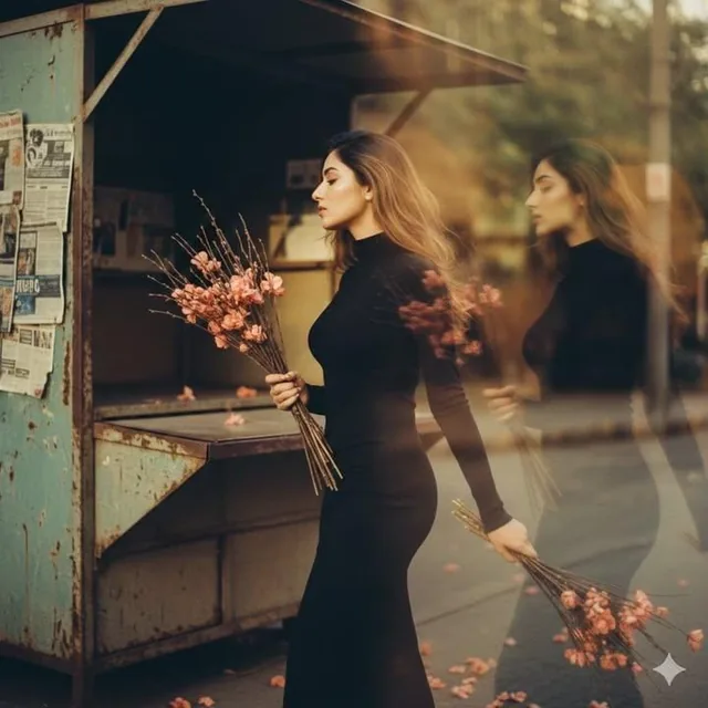 A beautiful young woman in her early 20s wears a high-necked, tight-fitting black long-sleeved dress. Beside an old news