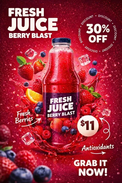 Exact uploaded [BOTTLE_NAME] bottle (label unchanged). Vertical poster. Center bottle w/ condensation. Add [JUICE_COLOR]