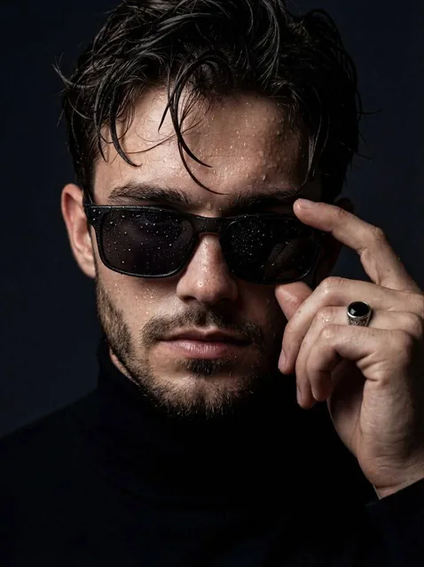 Ultra-realistic cinematic close-up portrait of a young man with wet skin and damp, messy hair. He lightly touches rect-