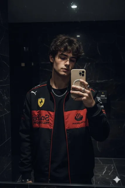 Create a hyper-realistic mirror selfie of me (use my face from the uploaded selfie) wearing the same black Ferrari racin