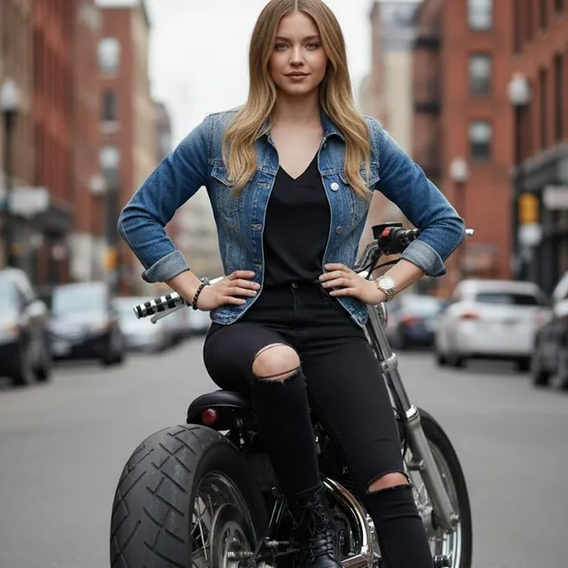 A full-length portrait of a woman with a biker-chic style, sitting sideways on a customized motorcycle on an urban stree