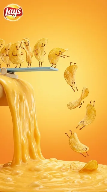 Vertical snack advertising visual with playful anthropomorphic tone. At the top, golden Lay’s potato chips arranged in a