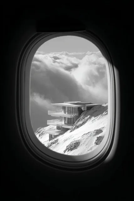 a window looking out an airplane and you can see a 4k image of a futuistic, very modern house on top of a mountain with