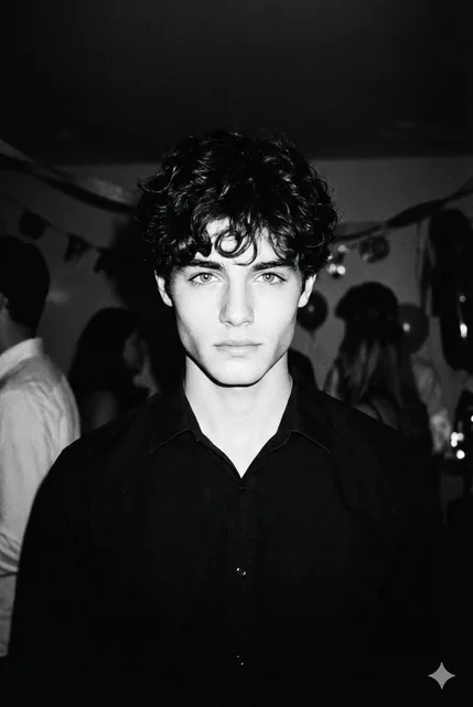 High-contrast black and white photo taken with a 1990s disposable camera at a dark house party. A handsome young man wit
