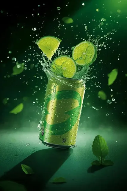 - Ultra-cinematic beverage advertising shot of a sparkling lime soda can, captured from a low three-quarter angle with t