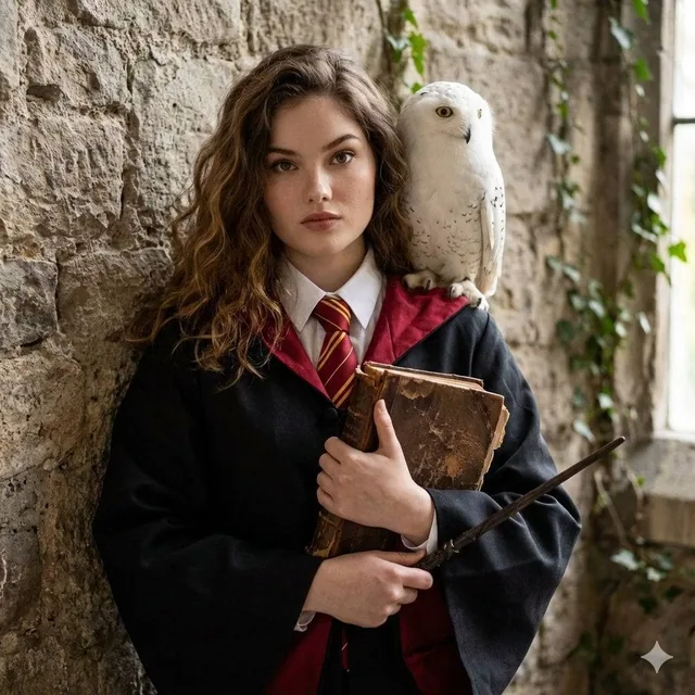 USE UPLOADED PHOTO AS REFERENCE. HOGWARTS-STYLE PHOTOSHOOT. THE GIRL IS POSING, IN A BLACK ROBE, THE UNDERSIDE OF THE RO
