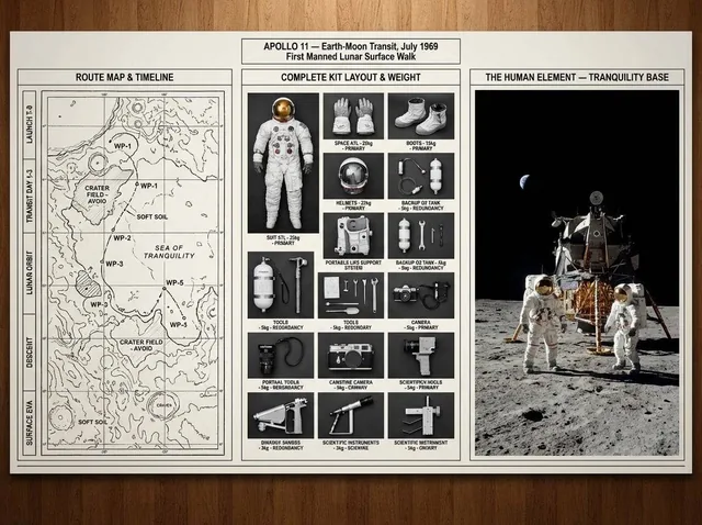 An expedition leader's planning board for [JOURNEY / MISSION] — [DESTINATION / ERA]. Left section: route map with topogr