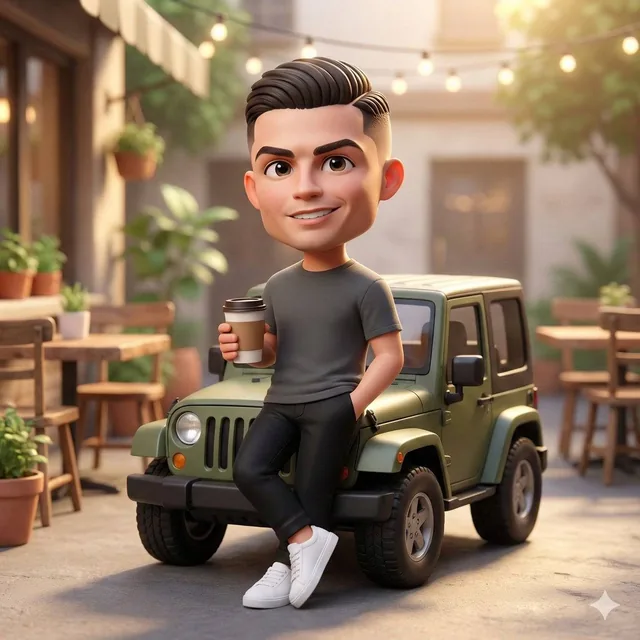 A cute 3D chibi-style character leaning against a parked mini chibi Jeep, wearing a clean monochrome outfit: plain t-shi