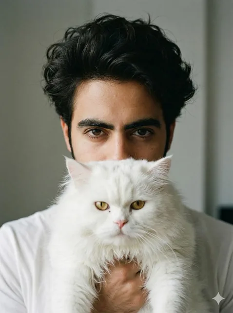 Close-up portrait of a young man Noor with long messy, voluminous dark hair, holding a fluffy white Persian cat in front