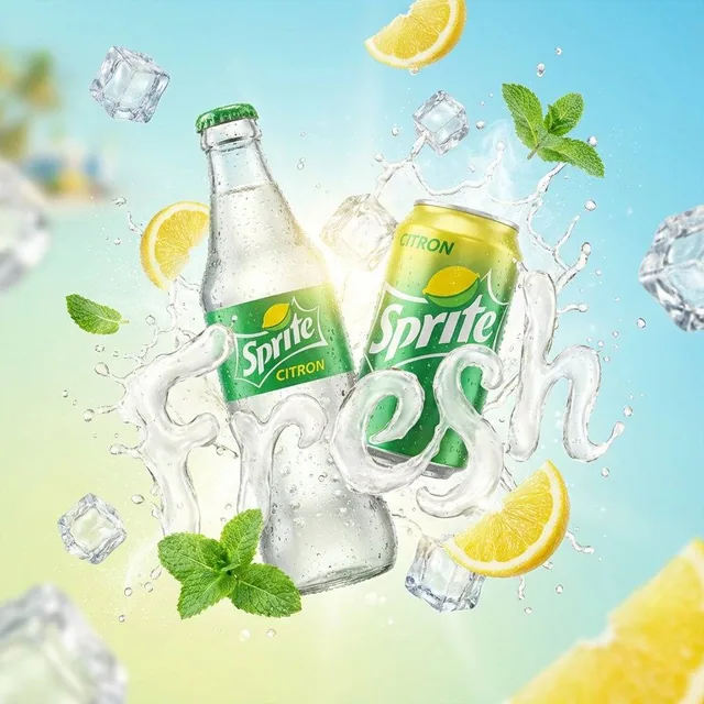 A vibrant, high-end advertising visual of a [PRODUCT NAME] can/bottle floating dynamically in the center. The background
