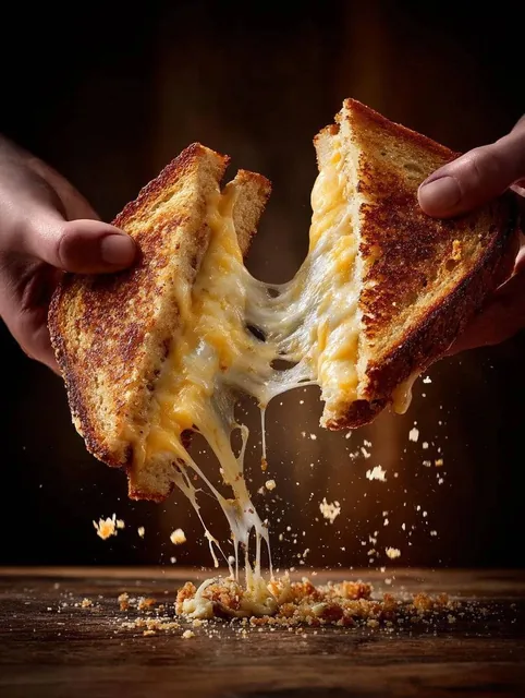 two hands pulling apart a grilled cheese sandwich, strands of melted cheddar stretching dramatically between the halves,