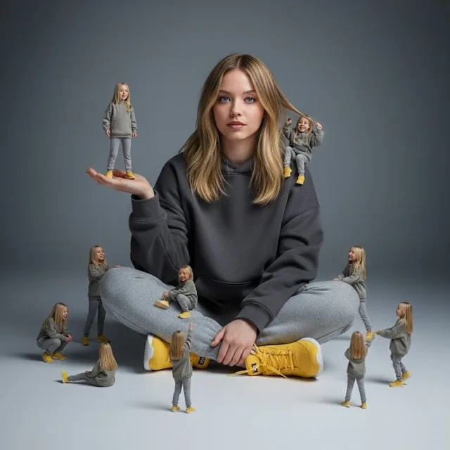A creative surreal image of a woman sitting on the ground, wearing a dark yellow hoodie, gray pants, and yellow shoes, s