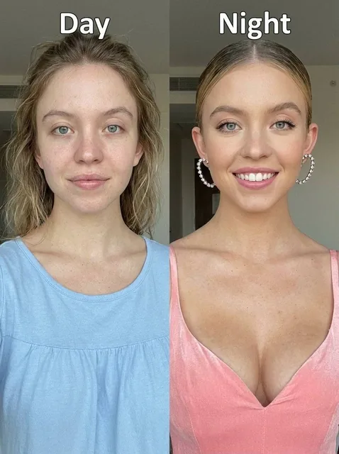 Before-and-after upper-body portrait photo of Sydney Sweeney, smiling in both images, split vertically down the center i