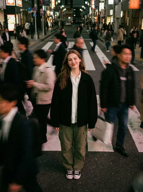 Cinematic street photography capturing a moment in motion with a crowd blur effect. Overhead portrait of me standing sti