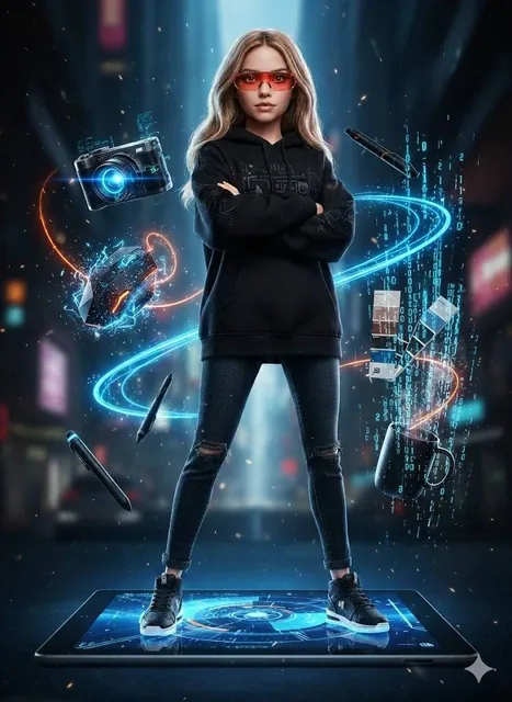 Hyper-realistic full-body portrait of a woman, using the exact pose from the uploaded photo, transformed into a stylish