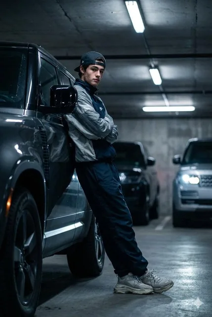 Hyper-realistic low-angle closeup front shot of a young man use image uploaded leaning against a Land Rover Defender in
