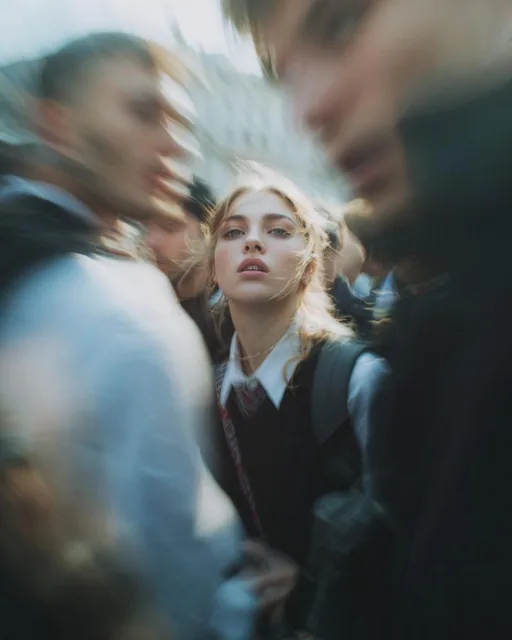 Paparazzi-style extreme close-up photo of a woman with striking facial features, caught off-guard while turning toward t