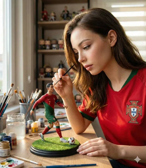 A hyper-realistic cinematic scene of a woman carefully painting a miniature football figurine of Cristiano Ronaldo in a