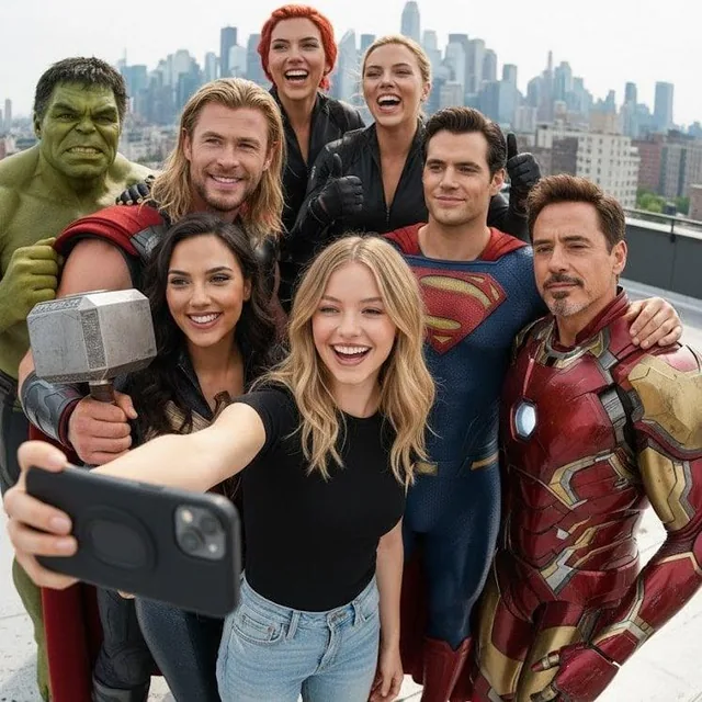 A ultra realistic group selfie, center is the person from the attached image, wearing a fitted black shirt and ripped je