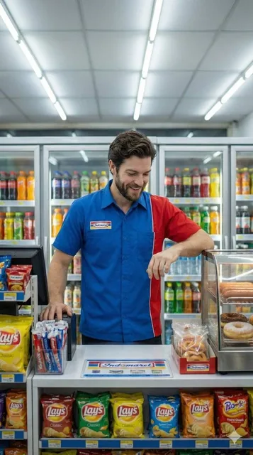 Create A high-resolution, photorealistic eye-level shot of a friendly male convenience store clerk standing behind a cou